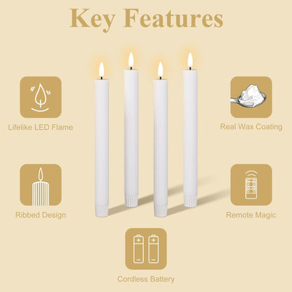Girimax White Ribbed Fluted Flameless Taper Candles with Remote, Flickering Battery LED Wax Candlesticks Wedding Home Decor Set of 4