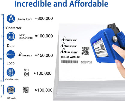 Phezer Mini Handheld Inkjet Printer PC11 for Flat and Curved Surface, with Touch Screen and Quick-Drying Ink Cartridge, Portable Pocket Marking Device for Label/Date/Barcode/Logo/Qrcode/Batch Number