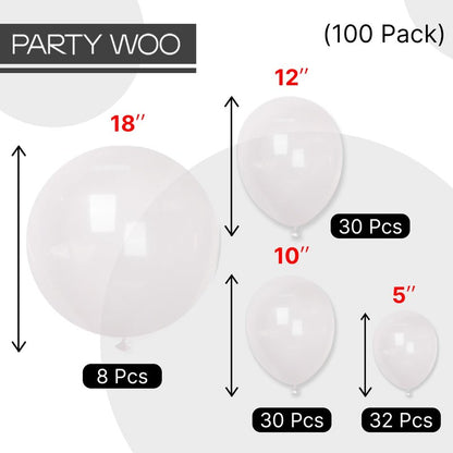 PartyWoo Clear Balloons 100pcs Different Sizes of 18 12 10 5 Inch Transparent Balloon Arch Kit for Graduation Wedding Baby Shower Bridal Shower Anniversary Birthday Party Decorations Clear-Y2