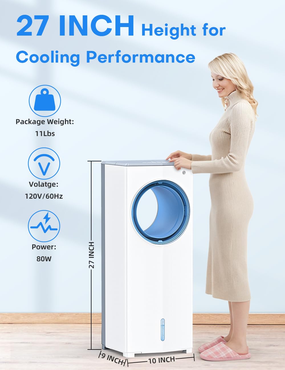 MYICY 27 INCH Evaporative Air Cooler, Windowless Swamp Cooler Portable Air Conditioners w/Normal/Natural/Sleep/Cooling Mode,3 Speeds,Double Tanks& Remote & Smart Timer, Bladeless Air Cooler for Room