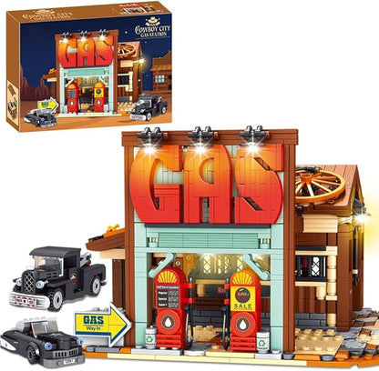 39118 Cowboy City Gas Station Building Blocks with LED Lights 1754 PCS Wild West Vintage Fuel Station Architecture Kit for Adults Western Street Scene Model