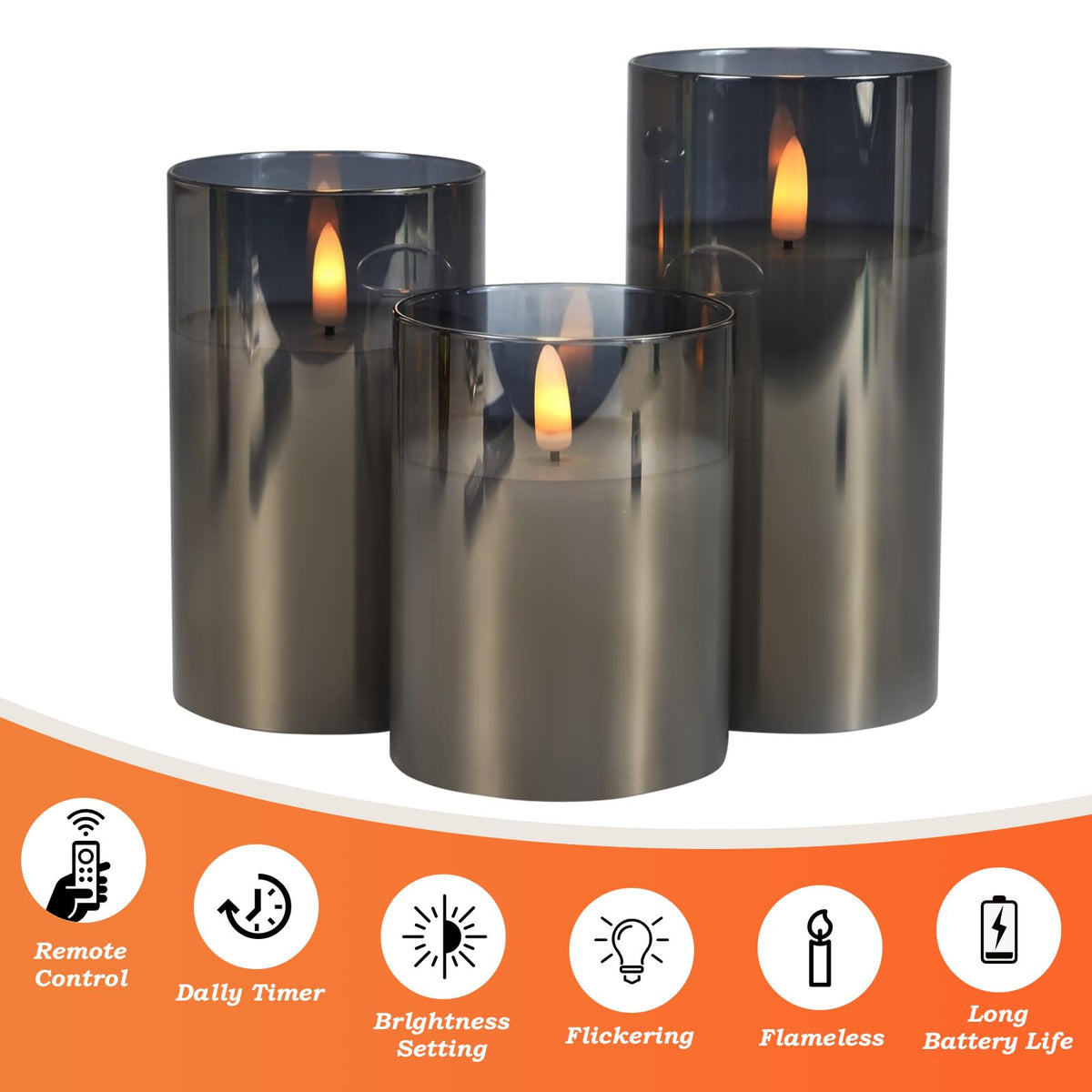 Tzgckui Smoky Gray Glass Flickering Flameless LED Candles with 10-Key Remote and Timer,4", 5", 6" x 3" Pillar Battery Operated Candles for Home Decoration(Set of 3)