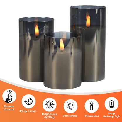 Tzgckui Smoky Gray Glass Flickering Flameless LED Candles with 10-Key Remote and Timer,4", 5", 6" x 3" Pillar Battery Operated Candles for Home Decoration(Set of 3)