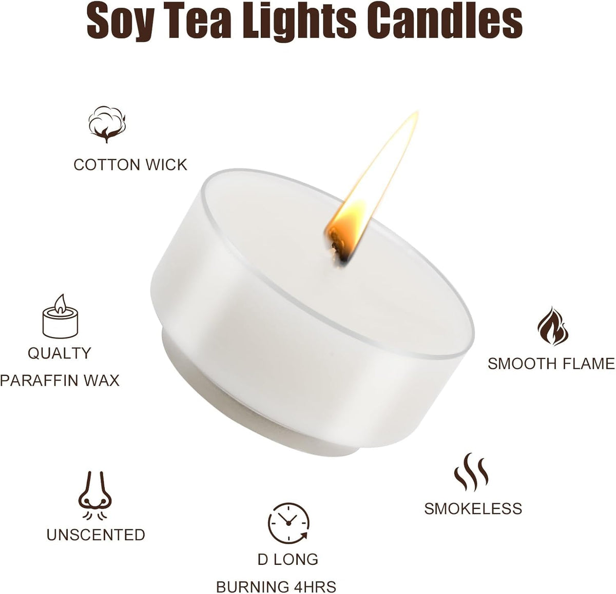 Loccmat 100 Pack Soy Tea Lights Candles,Tealight Candles Bulk,Unscented Natural White Tealight Candle,4 Hours Long Burning,Mini Tea Light Candle for Dinner,Weddings,Emergency,Home Decor