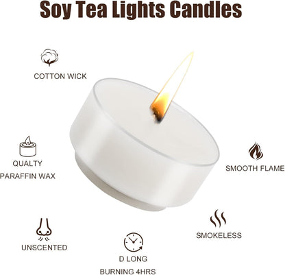 Loccmat 100 Pack Soy Tea Lights Candles,Tealight Candles Bulk,Unscented Natural White Tealight Candle,4 Hours Long Burning,Mini Tea Light Candle for Dinner,Weddings,Emergency,Home Decor