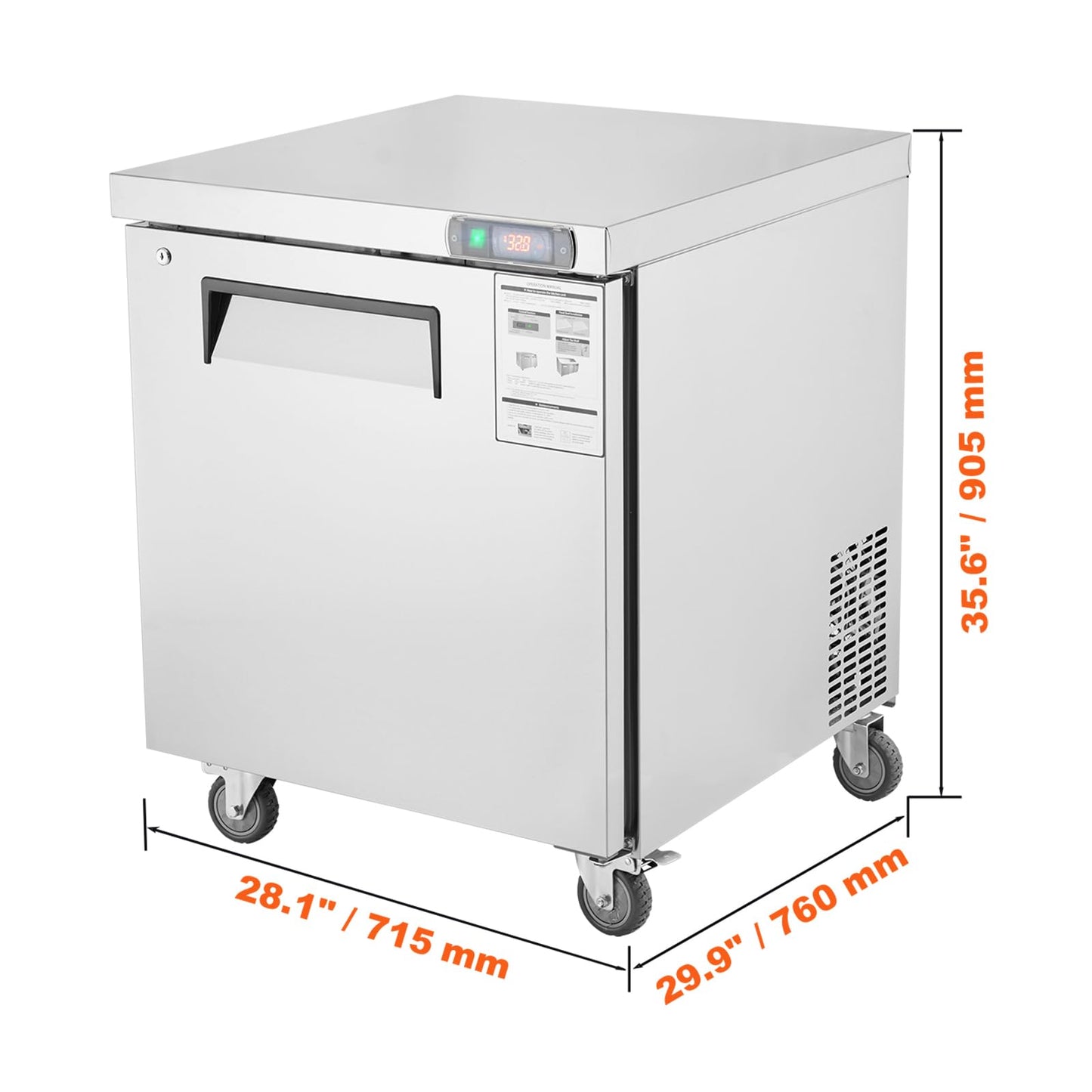 VEVOR 28" W Commercial Freezer Worktop, 7.4 Cu. Ft Undercounter Freezers with/Casters, <0~-8℉>Defrost Frozen Prep Table, Single Door Stainless Steel Food Frozen Prep Station for Restaurant, Diner