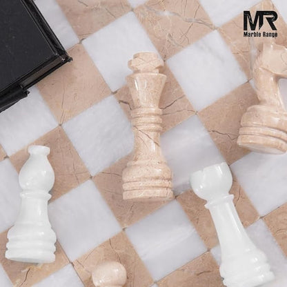 Marble Chess Set for Adults 15 Handmade White &amp Verona Board Game with 32 Chess Pieces 2 Extra Queens &amp Storage Box Luxury Travel Game – Elegant Home Décor