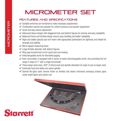 Starrett Interchangeable Anvil Micrometer Set with One-Piece Spindle, Ring-Type Knurled Lock Nut and Satin Chrome Finish - 16-20" Range, 001" Graduation - 224.1ERLZ