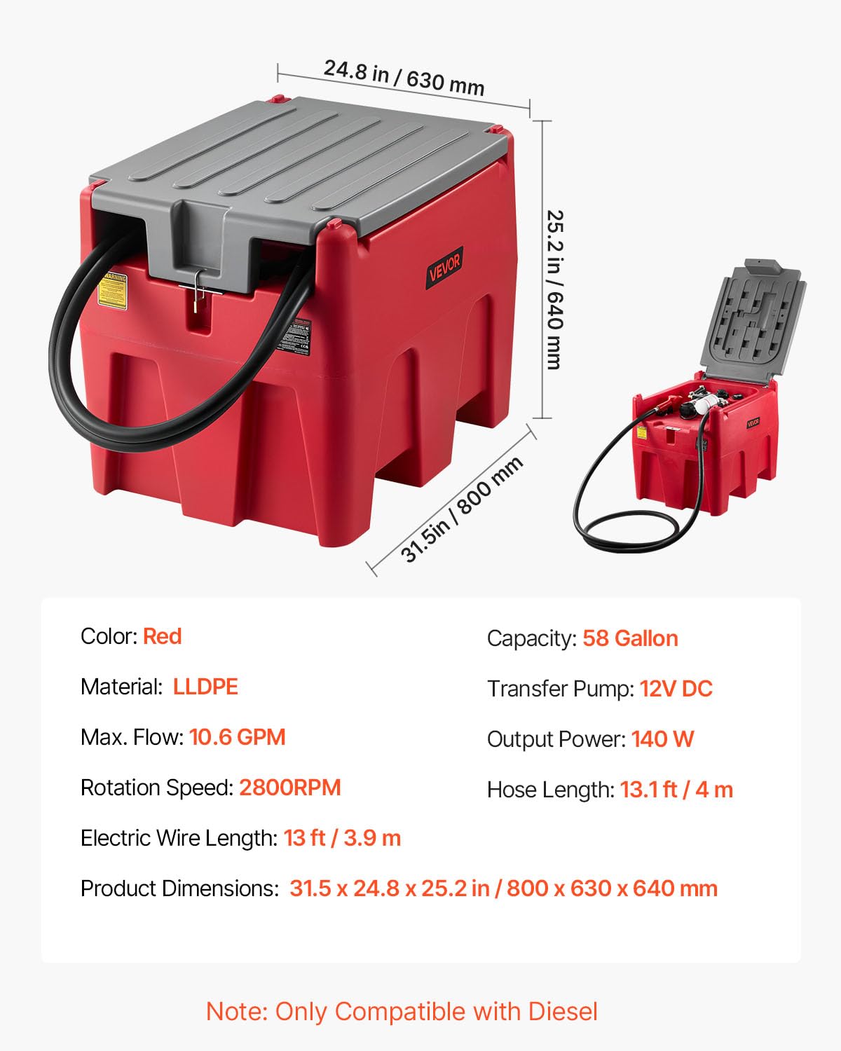 VEVOR Portable Diesel Tank, 58 Gallon Capacity & 10 GPM Flow Rate, Fuel Tank with 12V Electric Transfer Pump and 13.1ft Rubber Hose, PE Diesel Transfer Tank for Easy Fuel Transportation, Red