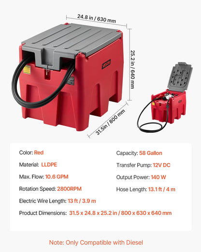 VEVOR Portable Diesel Tank, 58 Gallon Capacity & 10 GPM Flow Rate, Fuel Tank with 12V Electric Transfer Pump and 13.1ft Rubber Hose, PE Diesel Transfer Tank for Easy Fuel Transportation, Red