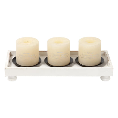 SOFE Rustic White Wooden Candle Holder Tray, 3-Pillar Candle Plate for Tables Mantel Decor, Distressed Finish, Multifunctional Home Decor Accessories