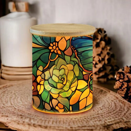 Stained Glass Butterfly Home Decoration Tea Light Candle Jar Candlesticks, LED Tealight Candleholder, Blue Flowers Tealight Candle Holders with Bamboo Lid for Table Centerpiece Party Decor