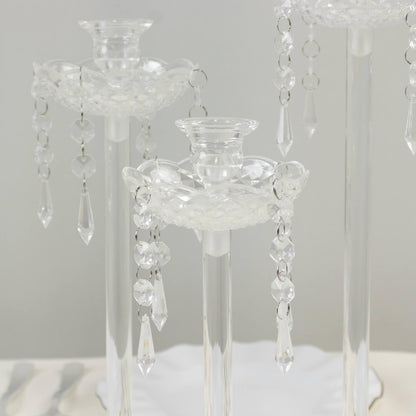 Efavormart Set of 3 Acrylic Candle Holders with Hanging Bead & Prism Accents – Taper Candlestick Stands - 11",13",15"