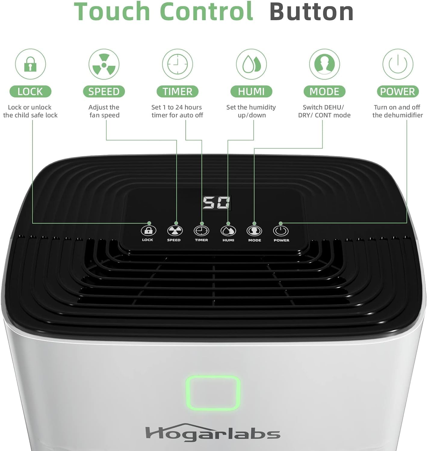 HOGARLABS Smart Dehumidifiers for Home and Basements, with 3 Working Modes, Overflow Protection, Dehumidifier with Drain Hose and Digital Control Panel. (50 Pints for basement)