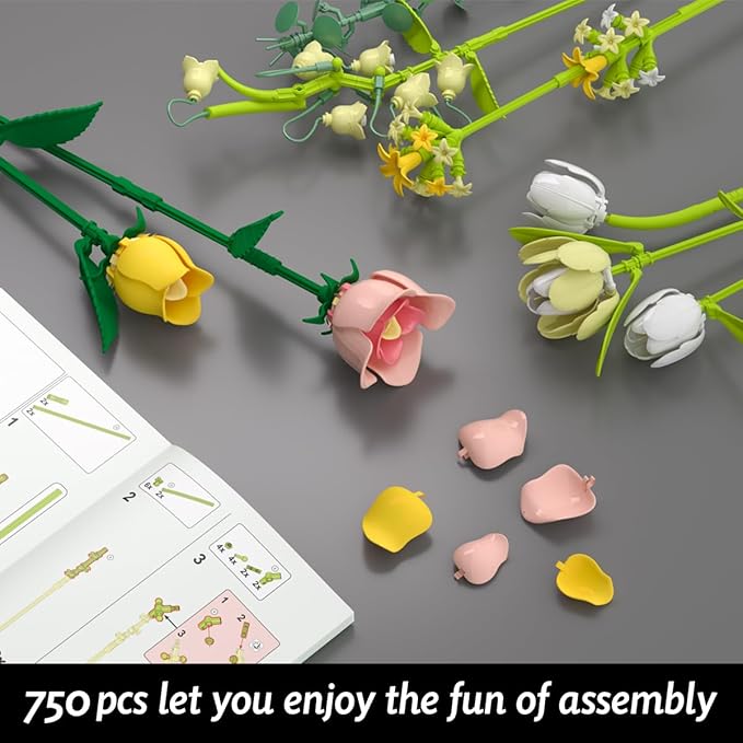 Tulip Rose Flowers Bouquet Building Set - Valentines Gifts Compatible with Lego Flowers Botanical Collection - Christmas Mother's Day &amp Valentine's Gifts for Women &amp Girls Home Decor