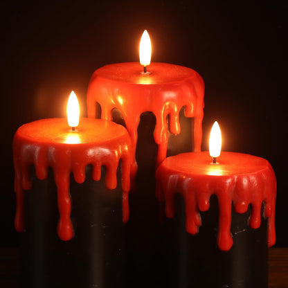 Lasumora Halloween Decorations Led Candles Flickering with 6H Timer, Battery Operated Halloween Candles, 3 Pcs Drip Wax Spooky Halloween Decor Indoor Real Wax, D3 x H 4" 5" 6"