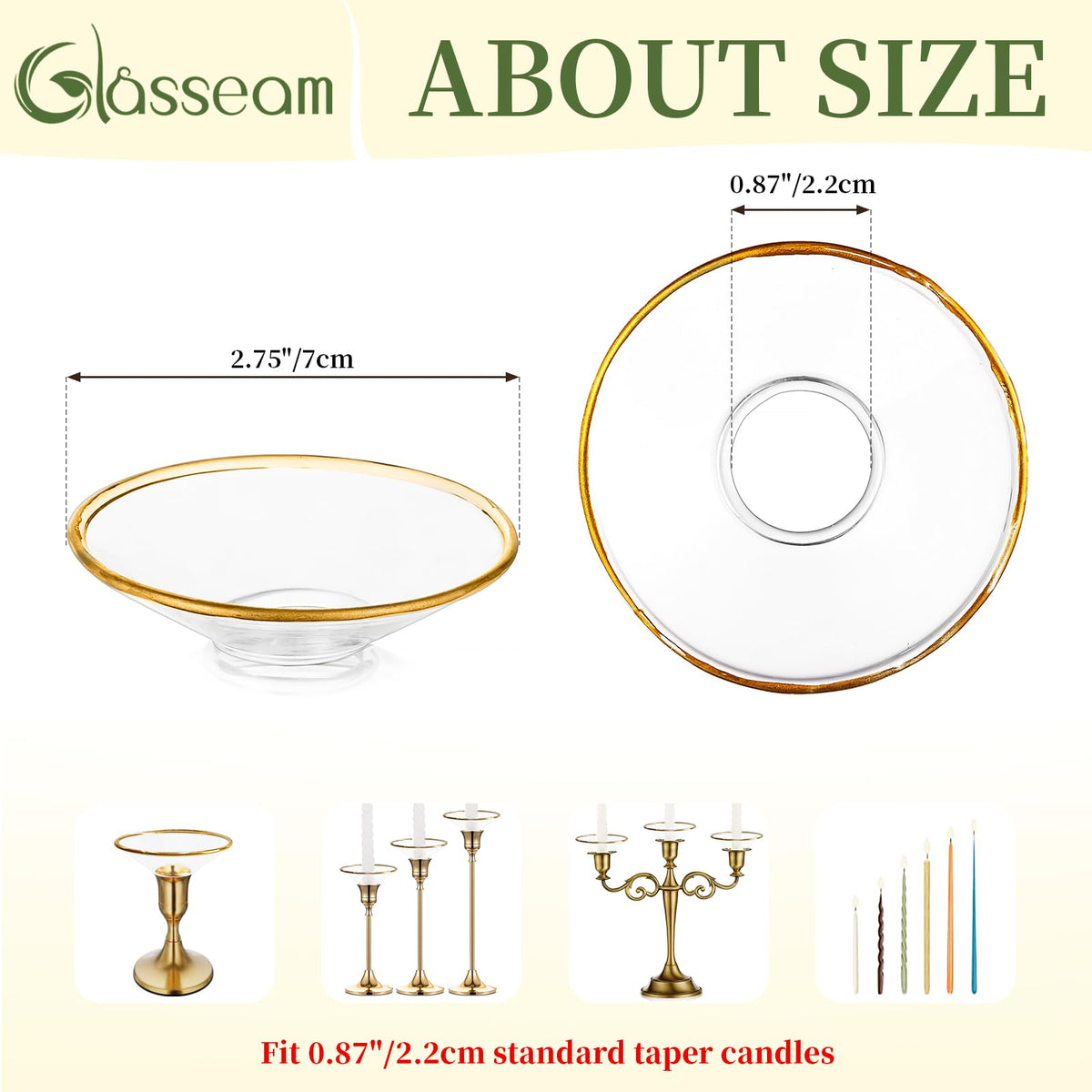 Glasseam Candle Drip Protectors for Candle Stick Candle Holder, Gold Rim Glass Bobeches for Candlesticks Set of 12, Round Wax Catchers for Candles, Taper Candle Holders for Table Centerpiece Wedding
