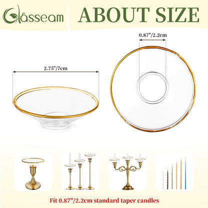 Glasseam Candle Drip Protectors for Candle Stick Candle Holder, Gold Rim Glass Bobeches for Candlesticks Set of 12, Round Wax Catchers for Candles, Taper Candle Holders for Table Centerpiece Wedding