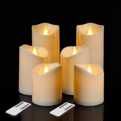 Flameless Candles 4" 5" 6" Set of 6 Outdoor Indoor Pillars Battery Operated Flickering Candles Include 8-Key Remote Timer Function, Ivory Fake Plastic Candles for Wedding, Aniversary,Christmas Decor