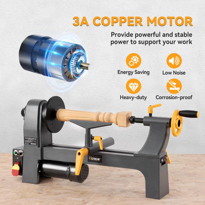 Hoteche Benchtop Wood Lathe 3-Amp 10-Inch x 13-Inch Variable Speed Mini Power Woodturning Tool