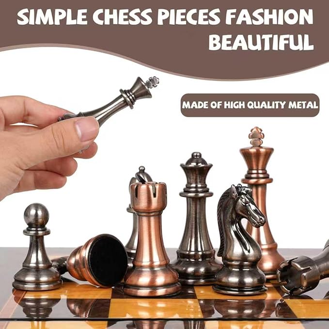 Luxury Metal Chess Set with 15 Inch Wooden Chess Board | Weighted Metal Chess Pieces | 2 Extra Queens | Professional &amp Tournament Style Chess Set for Adults | Elegant Game Room &amp Office Decor