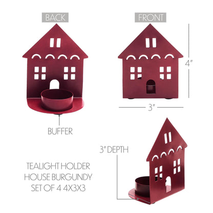 VHC Brands Tealight Holder House Burgundy Set of 4 4.5x3.75x2.25