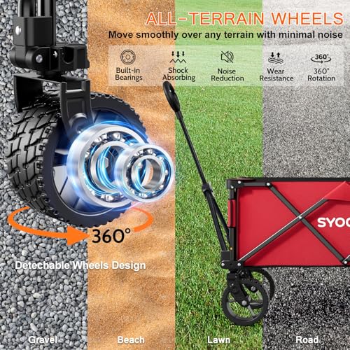 SYOCYO Collapsible Folding Wagon Cart, Heavy Duty Wagon Foldable with 330lbs Weight Capacity, Utility Garden Cart, Beach Wagons with All-Terrain Wheels for Camping, Sports, Shopping, Red