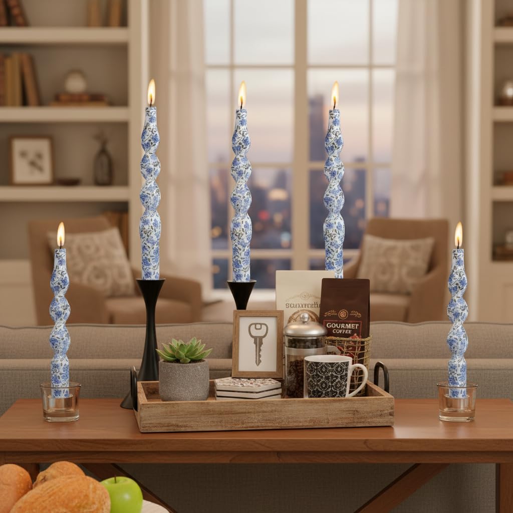 Blue and White Porcelain Taper Candle Flowers Printed Spiral Candles Unscented Smokeless Set of 2 Long Taper Candle 10 inch Twisted Candle Sticks Tapered Candles for Home Wedding Dinner Holiday Party