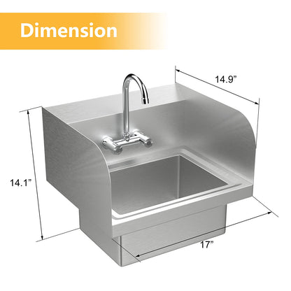 VINGLI Commercial Hand Wash Sink Stainless Steel Bar/Prep with Side Splash Guard, Wall Mount Utility Sink with Faucet, Heavy Duty Washing Basin for Restaurant, Home Kitchen 17W x 15D x 14H