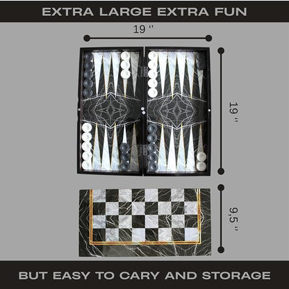 Park&ampOz Premium Turkish Backgammon and Checkers Set 19 Inch Handmade 2 in 1 Wooden Board Game with Glossy Finish Luxury Checkers and Dice Travel Friendly and Foldable (Black Marble)