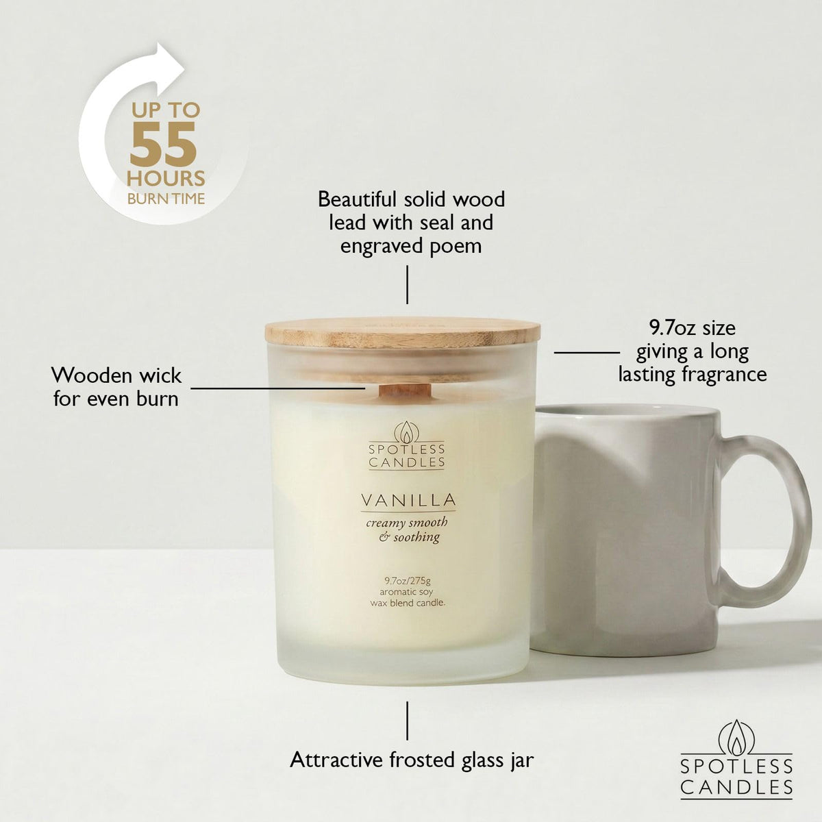 Vanilla Candle; 275g, 55 Hrs Burn Time, Soy Wax White Frosted Jar with Crackling Wooden Wick & Luxury Gift Box: Vanilla Scented Candle by Spotless Candles