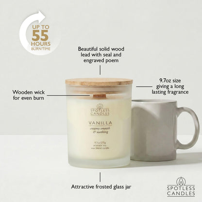 Vanilla Candle; 275g, 55 Hrs Burn Time, Soy Wax White Frosted Jar with Crackling Wooden Wick & Luxury Gift Box: Vanilla Scented Candle by Spotless Candles