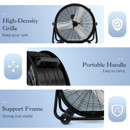 LifePlus 24 Inch Industrial Drum Fan High Velocity Floor Shop Fan 3 Speed, Heavy Duty Metal Air Circulator with Adjustable Tilt & Large Wheel for Warehouse, Garage, Factory, Patio, Barn, Black