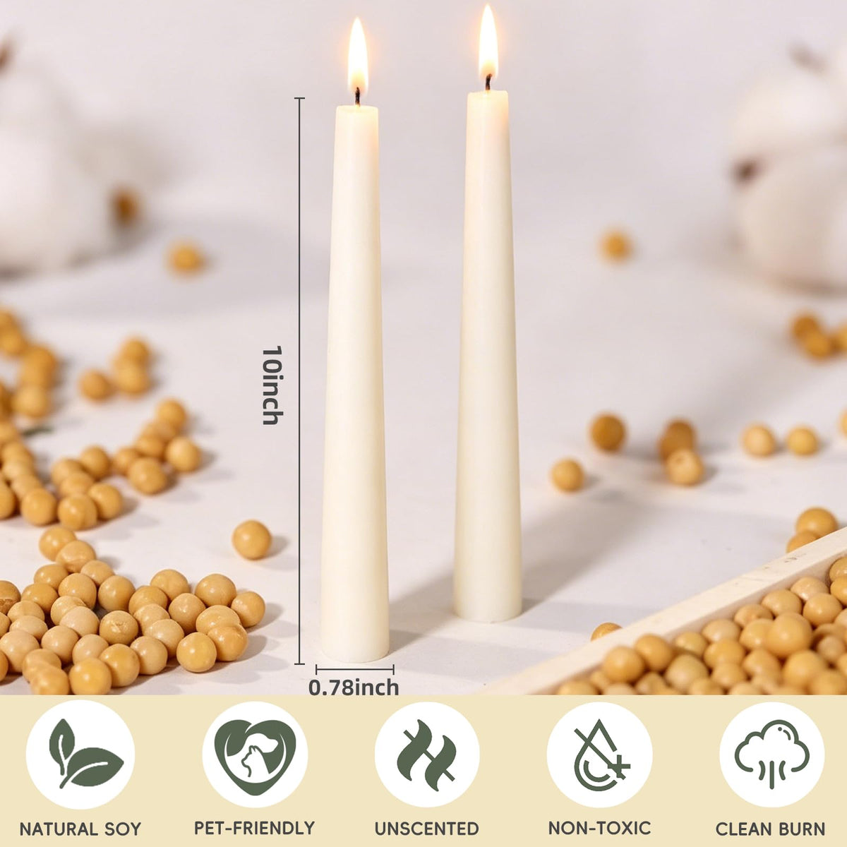 TRIRITE White Soy Taper Candles, 10 Inch Unscented Taper Candles Handmade Dinner Candle, Dripless & Smokeless Non-Toxic Soy Candle for Wedding Holiday Party Home Decoration, 9-8 Hour,12 Pack
