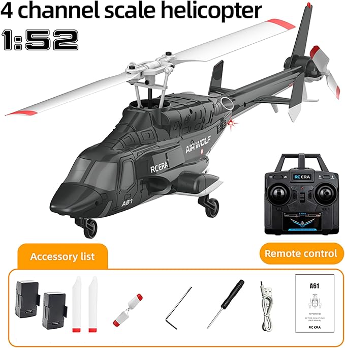 A61 Airwolf Remote Controlled Helicopter Aircraft Plane 4CH RC Heli Aileronless 1/42 Scale 6-Axis Gyroscope Altitude Hovering Optical Flow Position 2Batteries for Adults Beginners/Black White