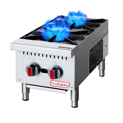 Backychu 2-Burner Commercial Gas Stove- 50,000 BTU Countertop Cooking Stove Range, Heavy-Duty Hot Plate, Stainless Steel Cooking Equipment for Restaurant, kitchens, Propane/Natural Gas