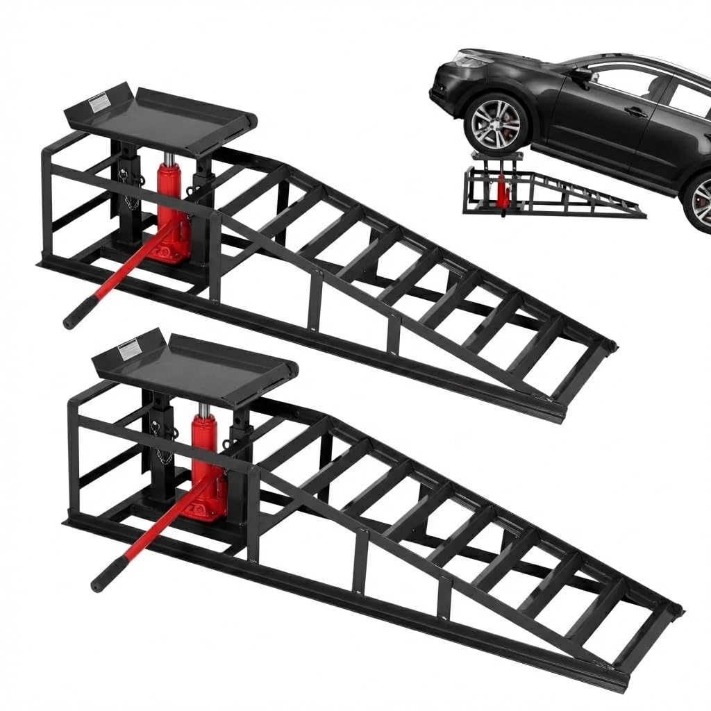 2 Pcs Hydraulic Car Ramps, 5 Ton (11,065 LBS) Heavy Duty Steel Car Lift Ramps with Hydraulic Jack for Oil Changes & Truck Repair, 9.4"-13.34" High Lift, Home Garage Vehicle Ramps