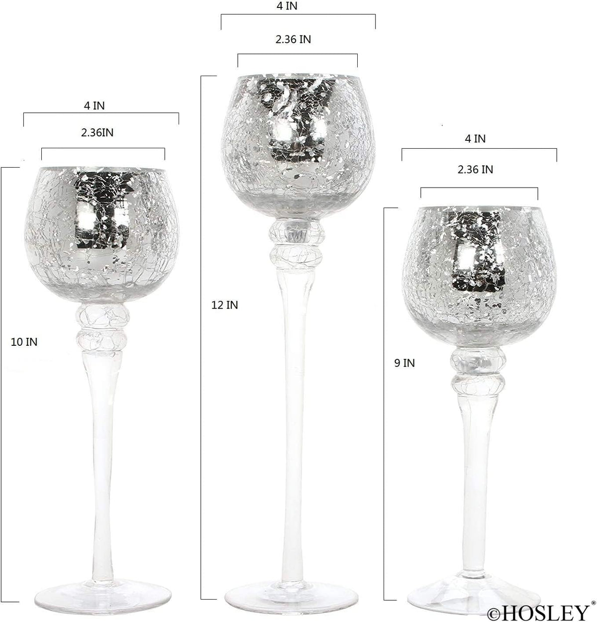 Hosley Set of 3 Metallic Crackle Glass Tealight Holders – 12", 10", 9" Elegant Home Decor, Ambient Lighting, Stylish Centerpieces & Gift Idea
