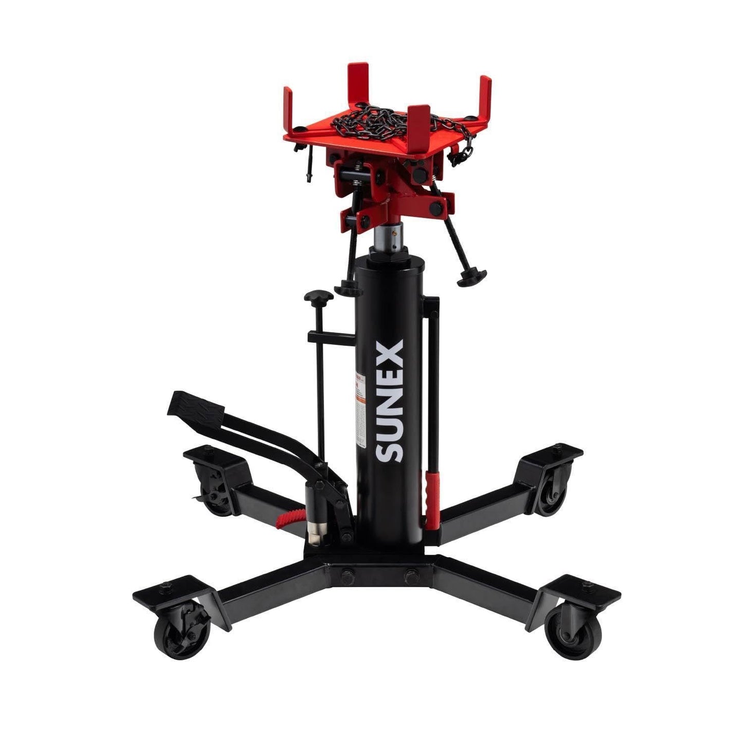 Sunex Tools 7793B 1,000 lb Telescopic Transmission Jack, Hydraulic, Foot Pump Operated, Tilt Saddle with Chain Tie-Down, 74.2 in Max Height