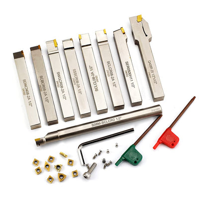 OSCARBIDE 1/2"Shank Nickel Plated Indexable Lathe Turning Tool Holder and Boring Bar 9 Pieces/Set,CNC Heavy-Duty Metal Lathe Cuting Tools for Turning Grooving Threading Cut Off