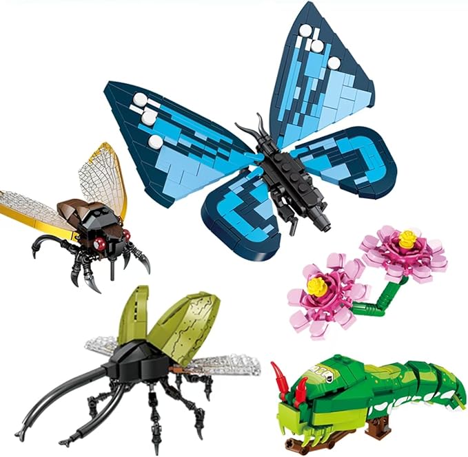 Lynda Insect Building Blocks Insect Set Butterfly Insect Block Toys for Kids Educational DIY Construction Toys with Butterfly Cicada Caterpillar Flowers Compatible with Major Brands