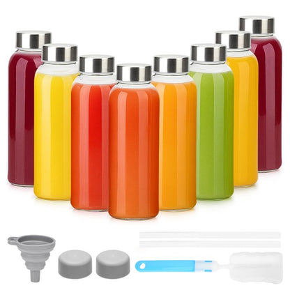 Luxfuel Glass Juice Bottles with Lids 10oz, 8 Pack Reusable Glass Water Bottle with Stainless Steel Caps & Straws, Leak Proof, BPA-Free – Small Juice Bottles for Juicing, Smoothies & Fridge Storage