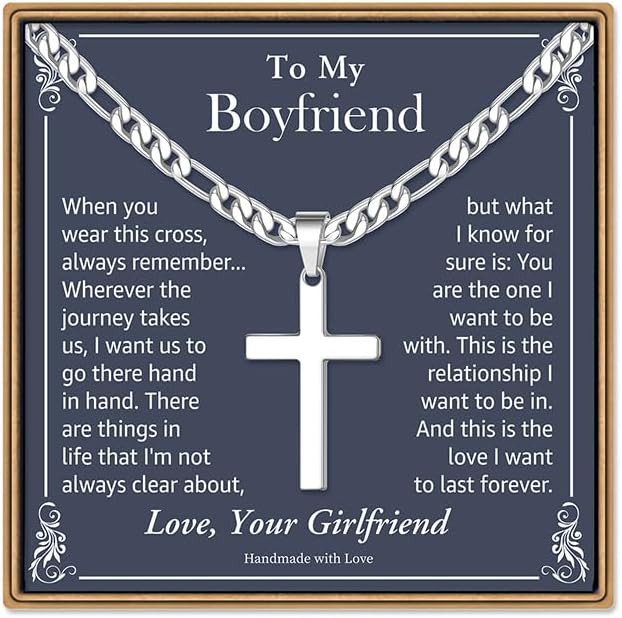 IEFLIFE Easter Basket Stuffers - Cross Necklace Easter Gifts for Men Boys Silver Figaro Chain Cross Necklace Jewelry Christian Baptism Gifts for Boys Birthday Gift for Dad Husband Son Grandson
