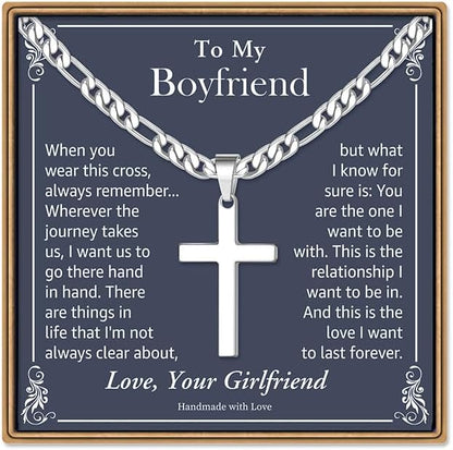 IEFLIFE Easter Basket Stuffers - Cross Necklace Easter Gifts for Men Boys Silver Figaro Chain Cross Necklace Jewelry Christian Baptism Gifts for Boys Birthday Gift for Dad Husband Son Grandson
