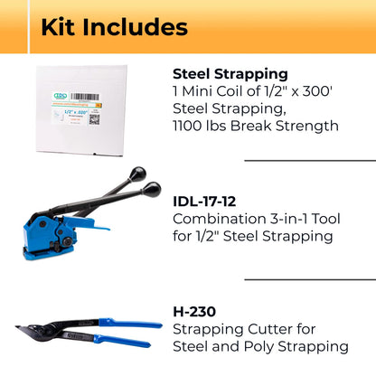 IDL Packaging PRO 1/2" x 300' Steel Strapping Kit, 1100 lbs Break Strength – with Innovative IDL-17-12 Combination Tool, No Seals Required – Complete Packaging Strapping Solution