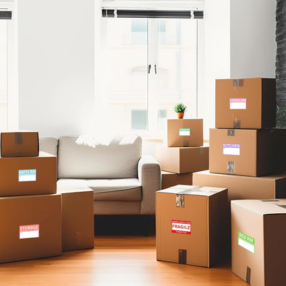 Ououstate 300 Count 2” x 3’’ Removable Home Moving Box Packing Labels for 1/2/3/4 Bedroom Rooms, 9 Designs Waterproof Color-Coded Moving Stickers Including Fragile 、Heavy and Blank Labels