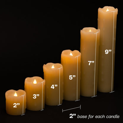 WYZworks LED Flickering Flameless Melting Ivory Timer Candles, Set of 6 Faux Dripping Wax, Battery Operated for Christmas Valentine Halloween Holiday Viking Gothic Decor 2" Wide and 2-9" Tall Pillar