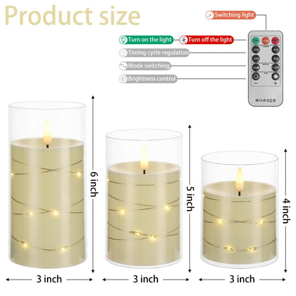COVEGE Flickering Flameless Candles with Embedded String Lights - Acrylic Battery Operated Candles with Remote, LED Pillar Candles for Valentines/Wedding Home Decor（White）