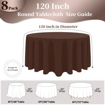 pepmily 8 Pack Brown Round Tablecloth 120 Inch Round Table Cloth, Wrinkle Resistant and Washable Polyester Fabric Table Cloth Round Table Cover for Dining Wedding Banquet Party
