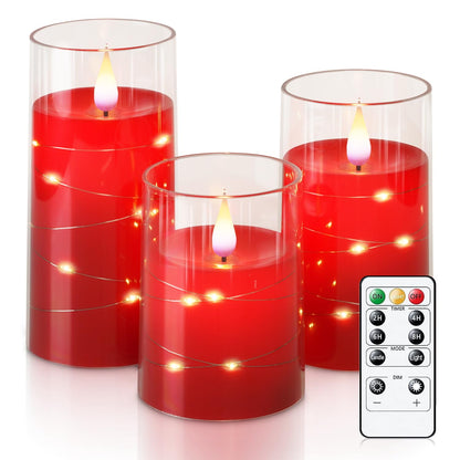 Homemory Flickering Flameless Candles with String Lights, Battery Operated Candles, Embedded String Lights LED Candles, Unbreakable Plexiglass Candle with Remote, Set of 3, Red